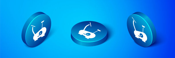 等距固定自行车图标隔离在蓝色背景。自行车运动。蓝色圆按钮。向量图片下载