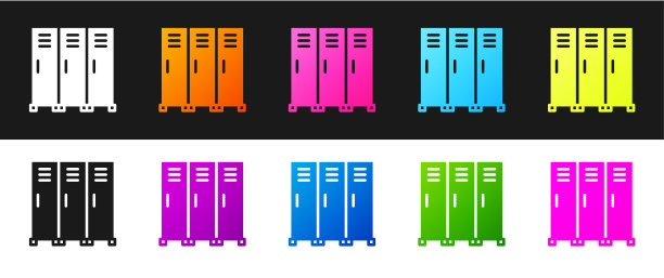 设置储物柜或更衣室的曲棍球，足球，篮球队或工人图标孤立的黑白背景。向量图片下载