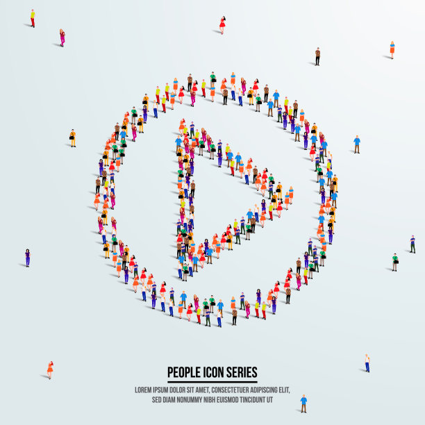 视频播放按钮或图标或概念。一大群人组成，创建形状播放按钮。矢量插图。图片下载