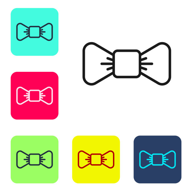 黑色线蝴蝶结图标孤立的白色背景。设置图标的颜色方形按钮。向量图片下载