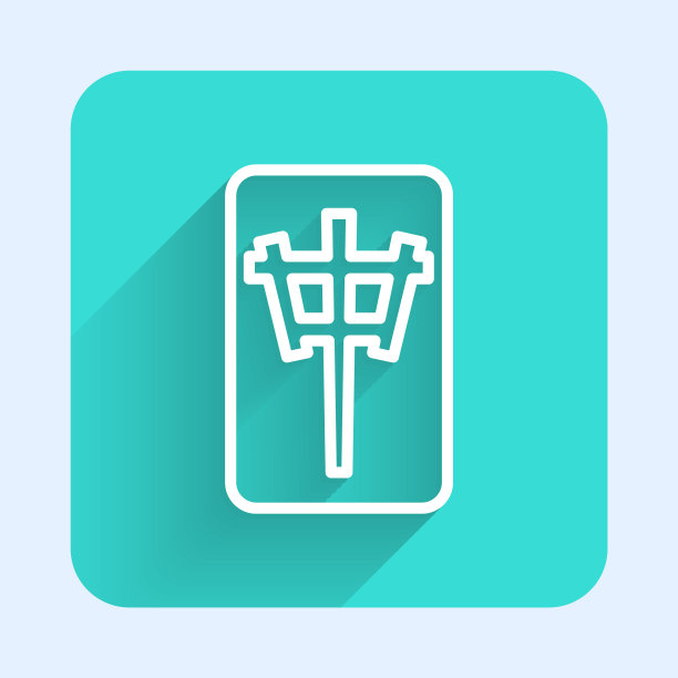 白线麻将片图标孤立与长影子。中国麻将红龙游戏表情。绿色广场按钮。向量图片下载