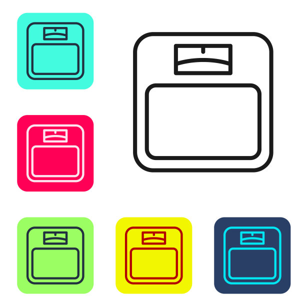 黑色线浴室秤图标孤立在白色背景上。体重测量设备。体重秤健身运动概念。设置图标的颜色方形按钮。向量图片下载