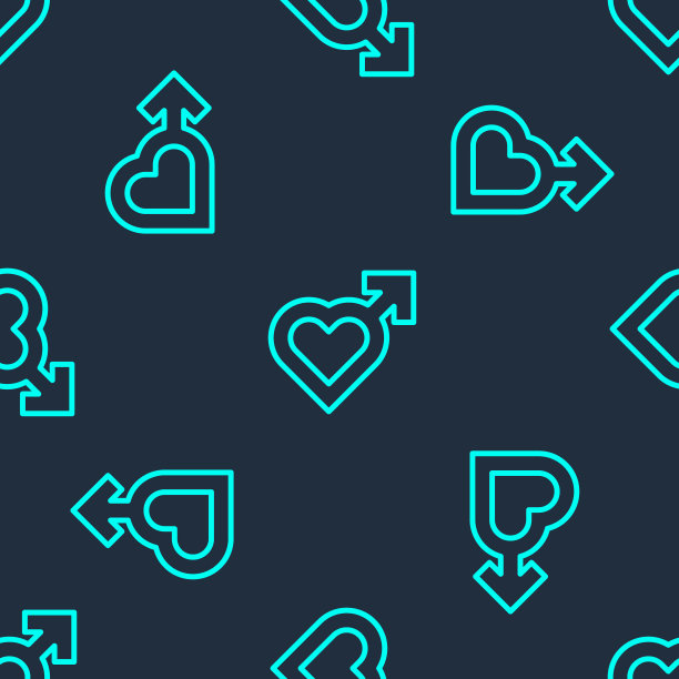 绿线心与男性性别符号图标隔离无缝模式在蓝色背景。向量图片下载