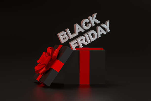 黑色星期五，黑色打开礼盒，黑色背景上最小的3d设计图片下载