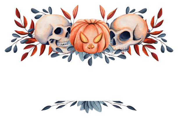 框架与水彩万圣节南瓜和头骨图片下载
