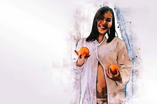 摘要七彩孕妇抱着水果吃着滋养子宫的水彩画插画背景。图片下载