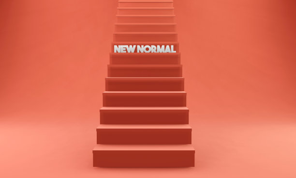新常态的文本站在红色背景的红色楼梯上。图片下载