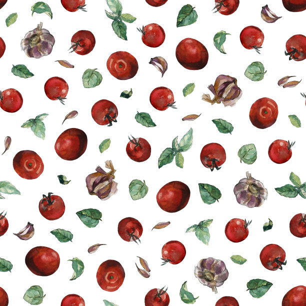 红色的西红柿，绿色的罗勒叶和大蒜在白色的背景无缝模式。水彩画插图。图片下载