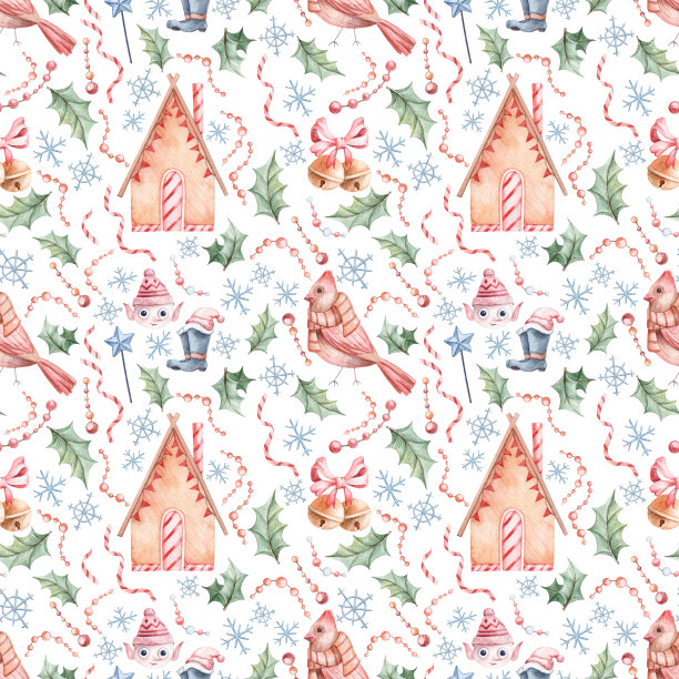 圣诞无缝图案与手绘水彩元素图片下载