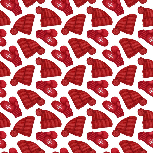 水彩无缝图案与温暖的针织衣服，冬季节日配件:红色的帽子和手套与雪花。手绘背景图片下载