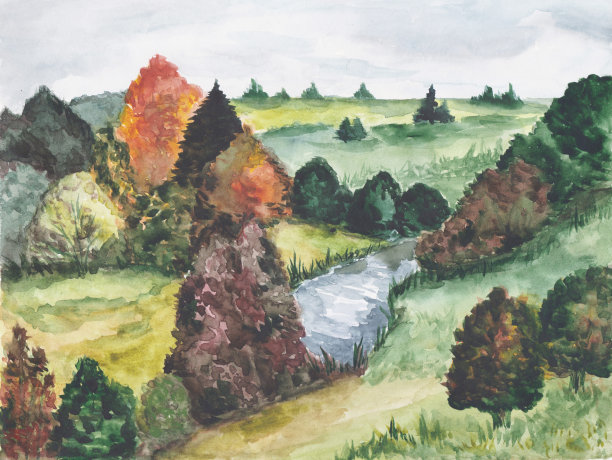 森林景观。用河流和树木描绘大自然。农村。水彩插图。手绘图片下载