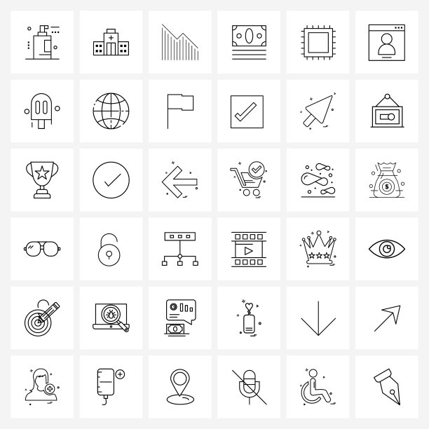 设置36个简单的线条图标购物钱图片下载