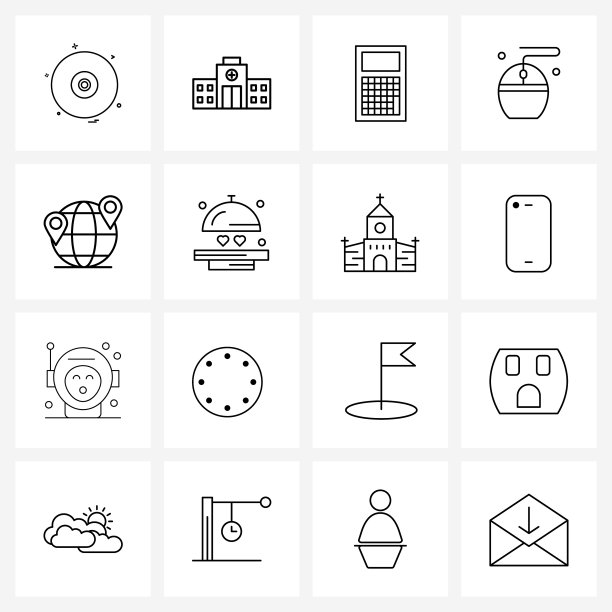 通用标志 16个现代线条图标：餐具图片下载