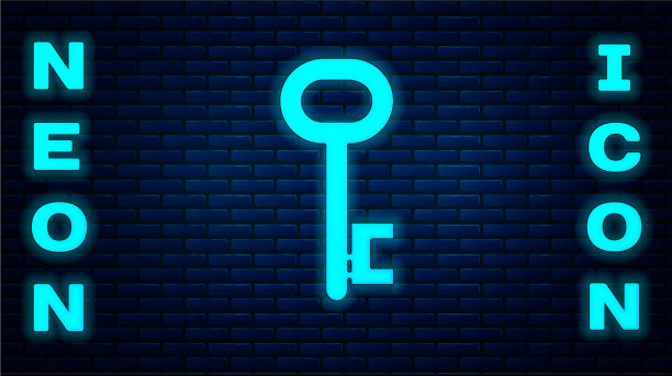 发光的霓虹灯房子钥匙图标孤立在砖墙上图片下载
