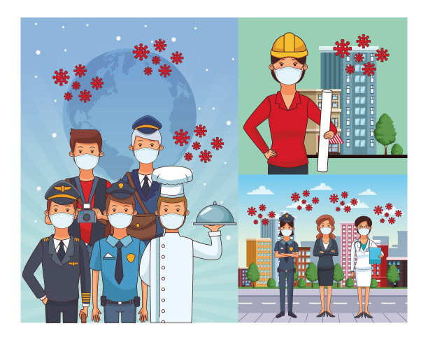 使用口罩应对新冠肺炎的集体工作人员图片下载