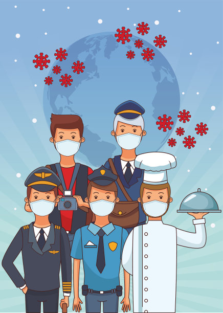 使用口罩应对新冠肺炎的集体工作人员图片下载