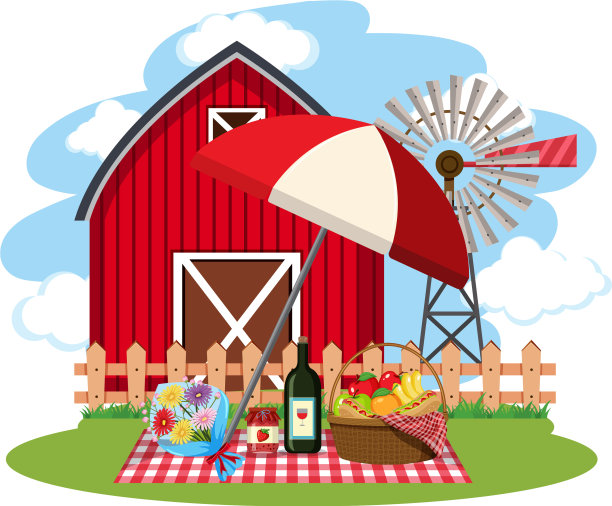 农场场景与野餐午餐在草坪上图片下载
