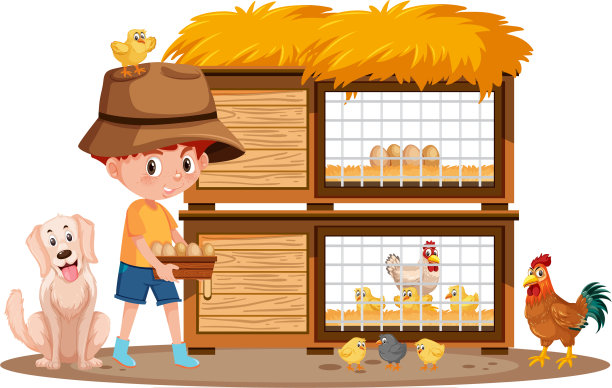 小男孩在白色的背景上收集鸡蛋图片下载