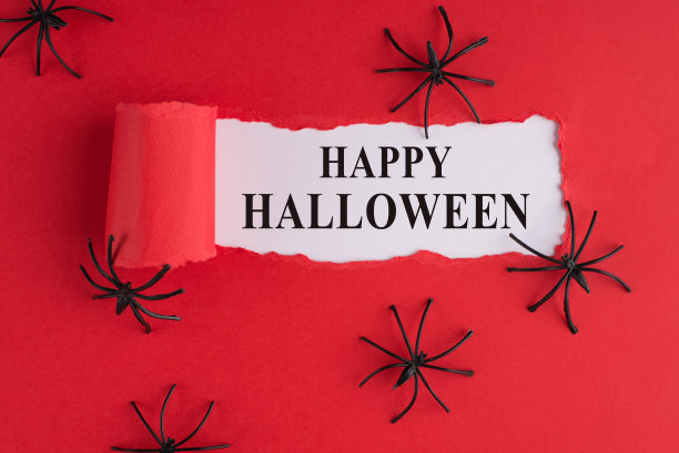 上面的头顶视图照片撕裂红纸在白色背景与装饰蜘蛛图片下载