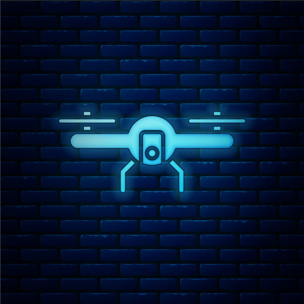 发光的霓虹灯无人机飞行图标孤立在砖块上图片下载