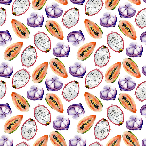 水彩手绘无缝模式与火龙果，木瓜和山竹在白色的背景。图片下载