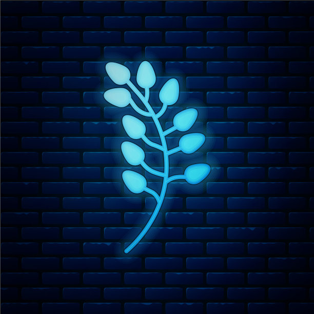发光的霓虹灯柳叶图标孤立在砖块上图片下载