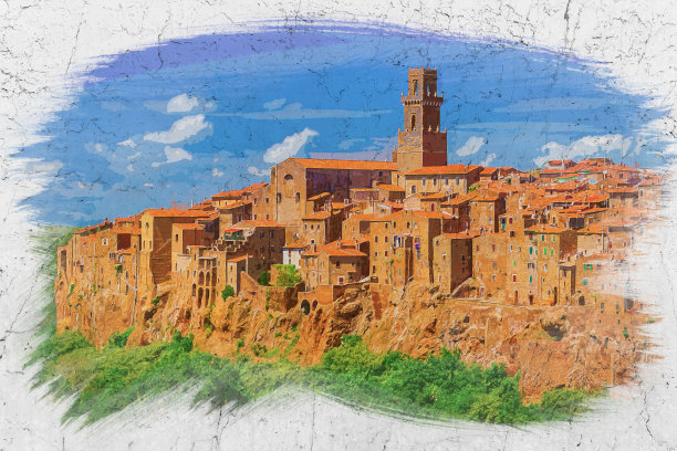 意大利古城皮蒂利亚诺的水彩画图片下载