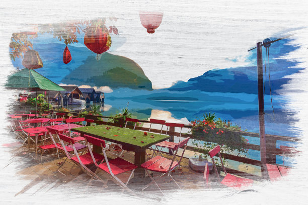 奥地利阿尔卑斯山哈尔斯塔特湖水彩画图片下载