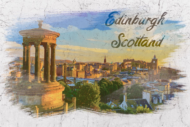 从卡尔顿山到爱丁堡城堡，水彩画图片下载