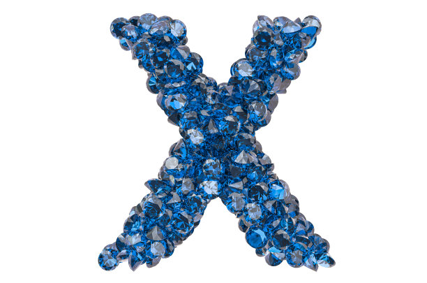 由蓝色钻石或蓝宝石切割而成的字母X。3D渲染孤立的白色背景图片下载