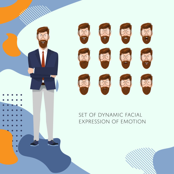套装的面部表情和穿着优雅的蓝色西装的男人。根据想要的情感，可以将一组面孔附在男性的形象上。矢量EPS格式为您的项目图片下载