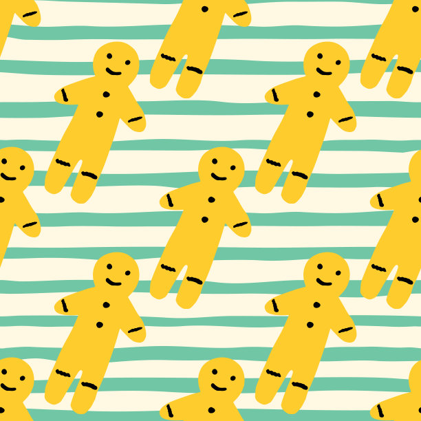 用黄色的姜饼人饼干涂鸦无缝圣诞图案。剥离蓝色和白色背景。12月新年印刷。图片下载