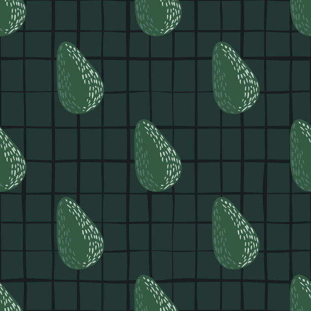 暗白色的无缝水果图案与健康的牛油果。素食简单的印花在方格背景。图片下载