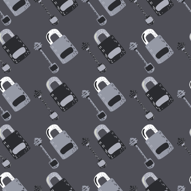 灰色调色板无缝图案涂鸦图形锁和关键元素。老式卡通隐私艺术品。图片下载