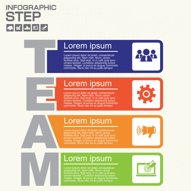 团队信息图的四个步骤报告，模板，图表，方案。向量。图片下载