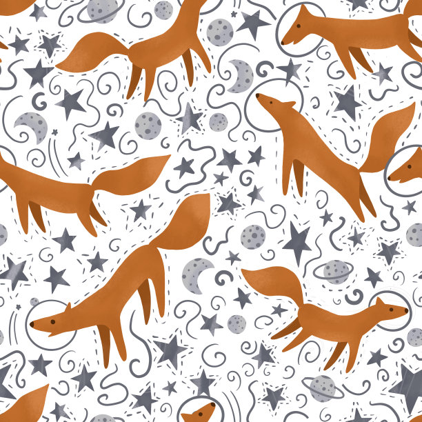 穿着太空服的小狐狸。插图在斯堪的纳维亚风格。宇航员在星空背景下的无缝图案图片下载