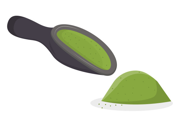 一勺抹茶和一把抹茶被孤立在白色的背景上。矢量插图在平面卡通风格。日本绿茶，健康食品和饮料。图片下载