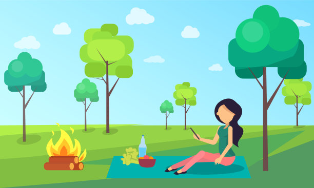 野餐的女人坐在布自然绿色植物图片下载