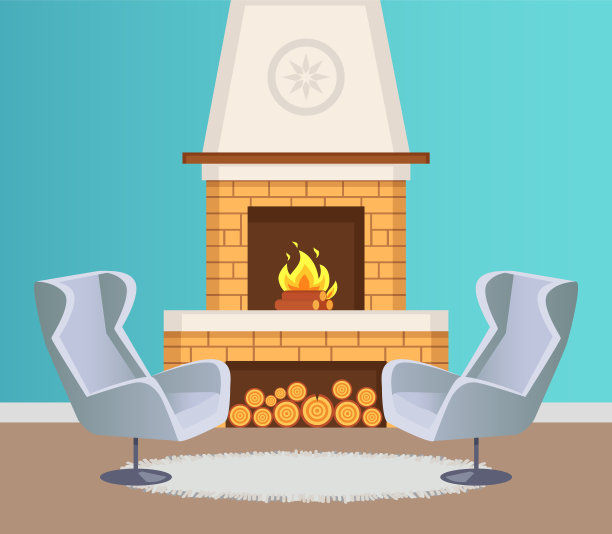 内部平坦，壁炉和扶手椅向量图片下载