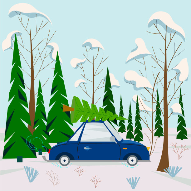车顶上有棵树。汽车在冬天的森林里。冬天的风景。矢量图图片下载
