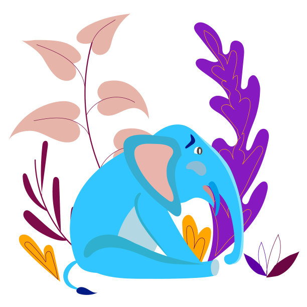 象卡通人物。背景上有花。悲伤的大象。矢量图图片下载