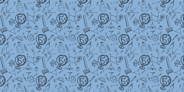 无缝模式。回到学校的概念。创造性的手绘教育素描在蓝色的背景。图片下载