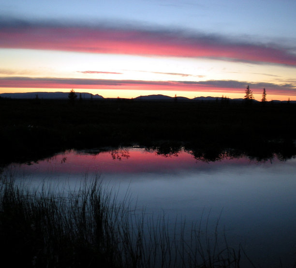 落日湖。红色的天空和黑色的地平线。图片下载