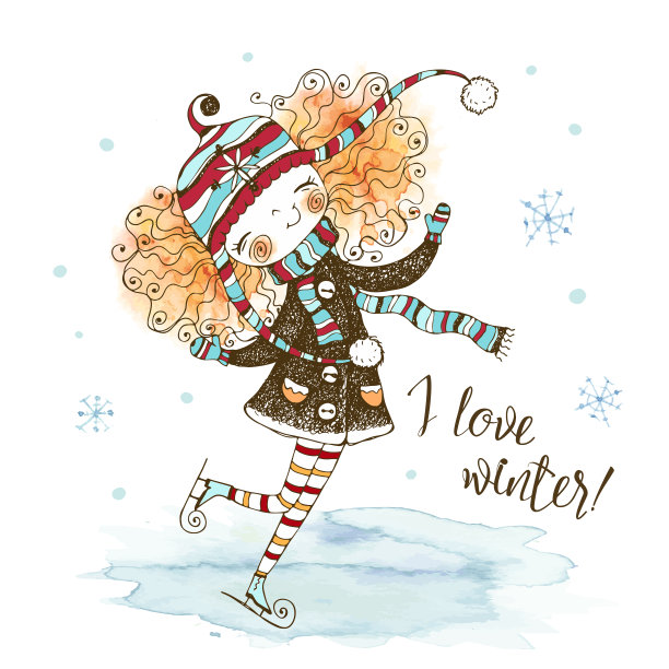 可爱的红发女孩戴着针织帽在冬天溜冰。水彩画和图形。向量图片下载