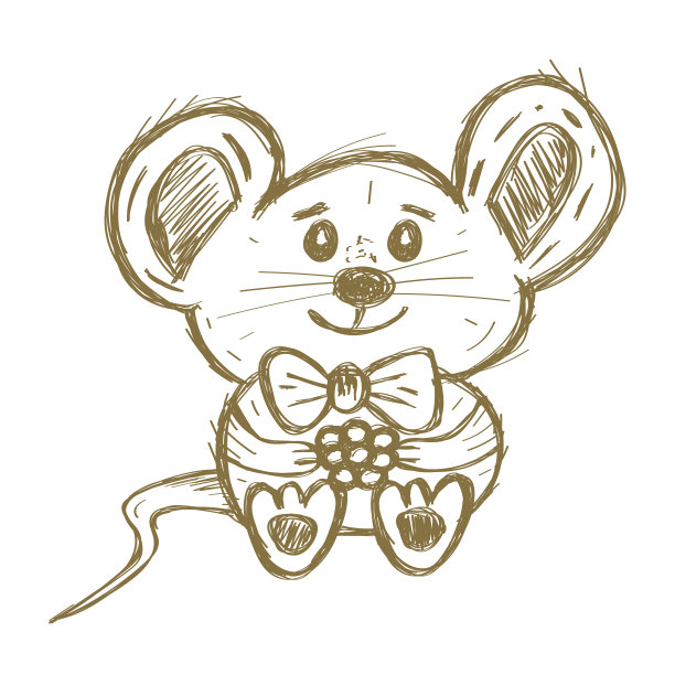 可爱的手绘鼠标与蝴蝶结和浆果孤立的白色。图片下载