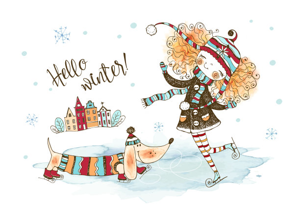 一个戴着针织帽子的可爱女孩正在和她的宠物狗达克斯狗滑冰。冬天的插图。水彩画和图形。向量图片下载
