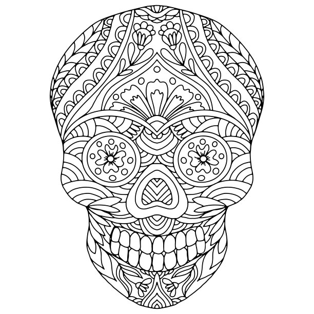 骷髅用民间风格的花朵和抽象的装饰在白色的背景上色，矢量，骷髅，万圣节图片下载