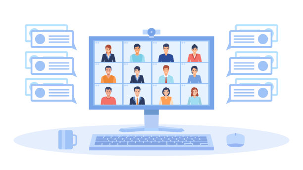 冠状病毒大流行检疫期间，在家中工作的一组办公人员通过电脑进行视频通话，采用平面图标设计图片下载