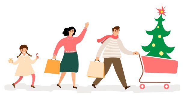 一家人进行圣诞节购物，男子推着装有圣诞树的购物车图片下载