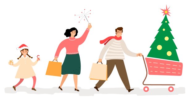 一家人进行圣诞节购物，男子推着装有圣诞树的购物车图片下载